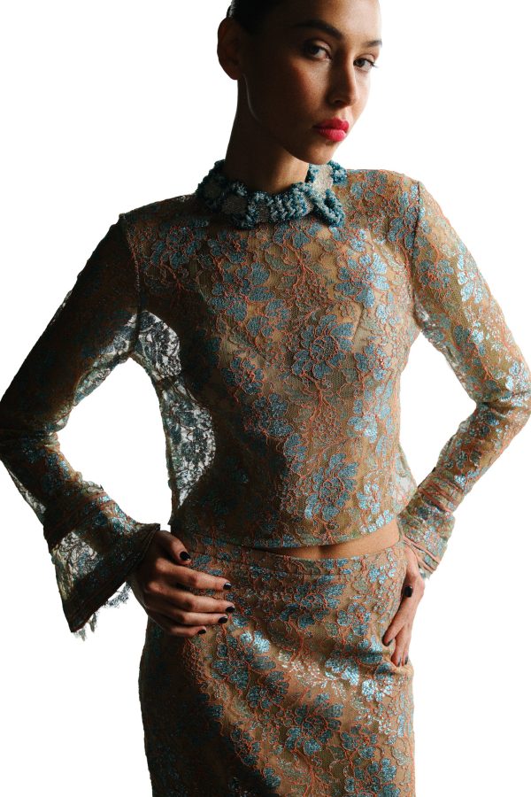 BLACK LACE LONG-SLEEVE TOP - NUDE